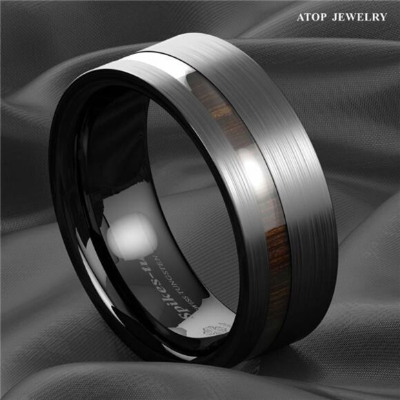 Men's Wedding Band - Black Brushed Off Center Koa Wood Ring for Men and Women - Picture 6 of 9